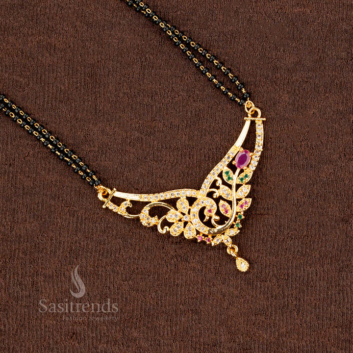 Dazzling black beads Mangalsutra featuring a micro gold plated chain with sparkling American Diamond stones, making it a perfect traditional jewellery choice - Sasitrends