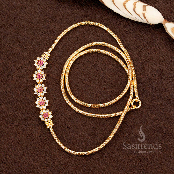 Royal finish one-gram micro gold plated 5-flower peacock Mugappu chain with high-quality AD stones in white-ruby, an exclusive designer piece for a regal and sophisticated touch - Sasitrends