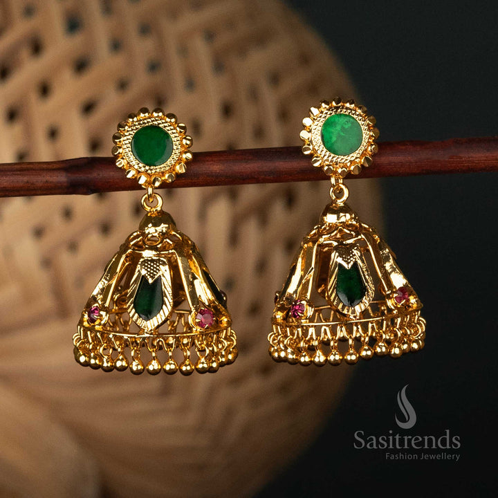 Traditional Kerala-Style Palakka Nagapadam Jhumka Earrings Micro Gold-Plated with AD Stones and Hanging Beads - Sasitrends