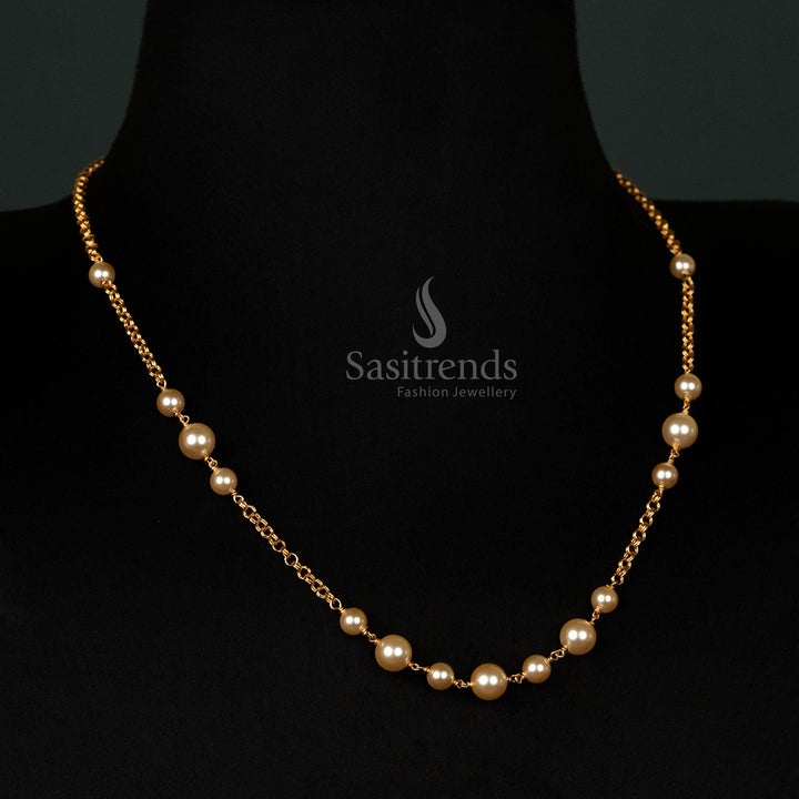 Gold Plated Pearl Necklace with Alternating Pearl Sizes for Ethnic Wear - Sasitrends