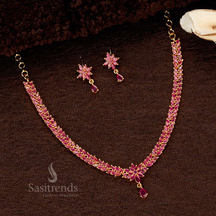 Ruby Color Micro Gold Plated American Diamond Leaf Cluster Necklace Set – Marquise Stones, Teardrop Pendant, One Gram Jewellery, Traditional Wear – Sasitrends