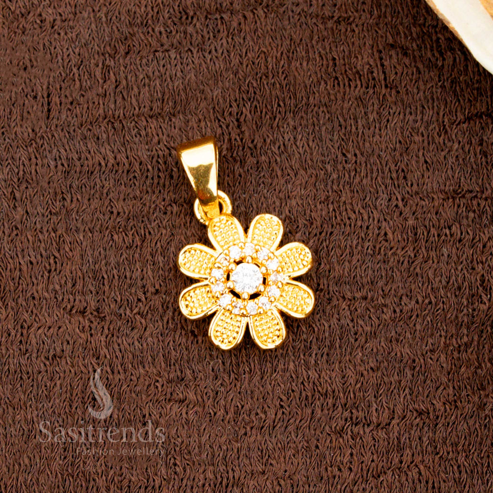 Traditional micro gold floral dollar pendant with a pearl white AD stone centerpiece, surrounded by fine petal detailing — a graceful jewellery piece for festive occasions and saree styling - Sasitrends