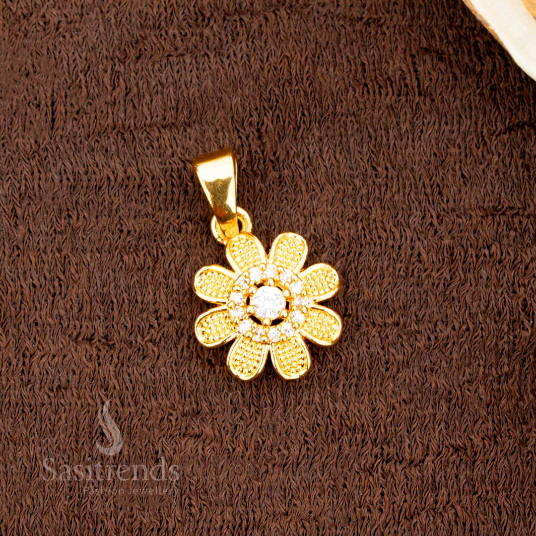 Traditional micro gold floral dollar pendant with a pearl white AD stone centerpiece, surrounded by fine petal detailing — a graceful jewellery piece for festive occasions and saree styling - Sasitrends