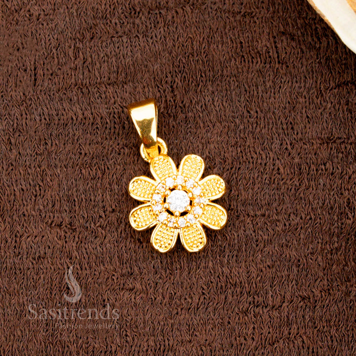 Traditional micro gold floral dollar pendant with a pearl white AD stone centerpiece, surrounded by fine petal detailing — a graceful jewellery piece for festive occasions and saree styling - Sasitrends