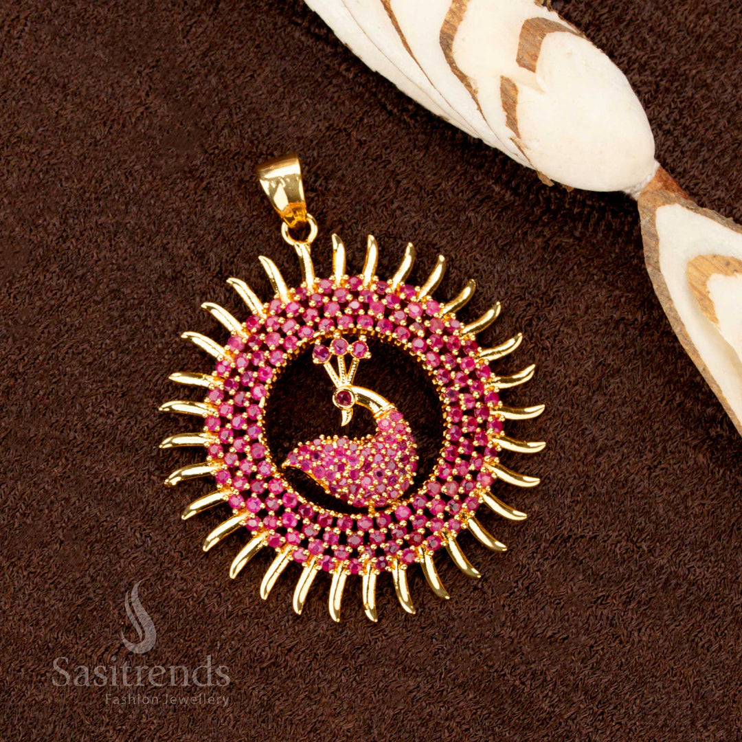 Graceful Micro Gold Plated Ruby AD Stone Studded Peacock Pendant – Grand Splendid Classic Exquisite Jewellery with Dual Hook Holes for Easy Attachment - Sasitrends
