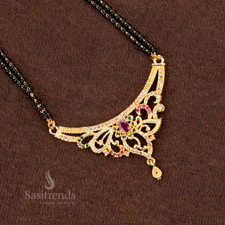 Sophisticated micro gold plated Mangalsutra with black beads and an American Diamond pendant, a trendy jewellery design for modern ethnic styling - Sasitrends