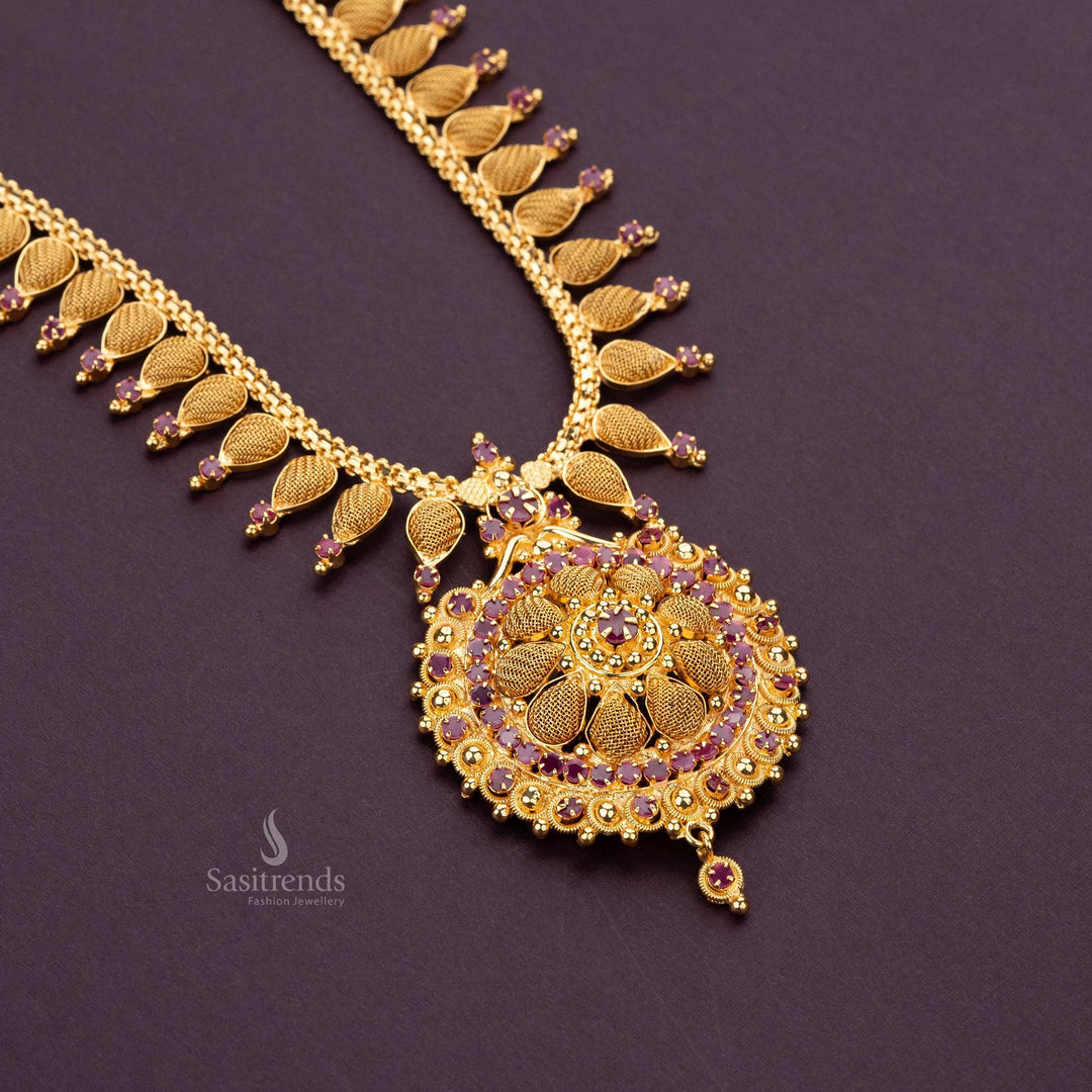 Micro gold-plated long haram necklace with AD stone floral pendant - Sasitrends