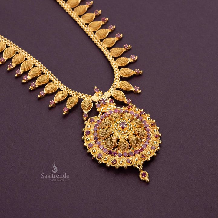 Micro gold-plated long haram necklace with AD stone floral pendant - Sasitrends