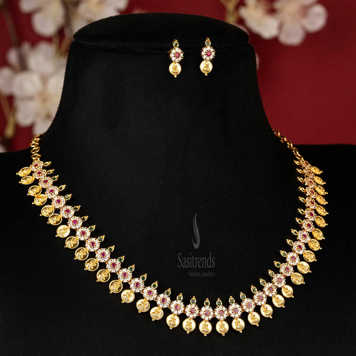 Multi-color Lakshmi Coin Jewellery Set with AD stones and matching earrings
