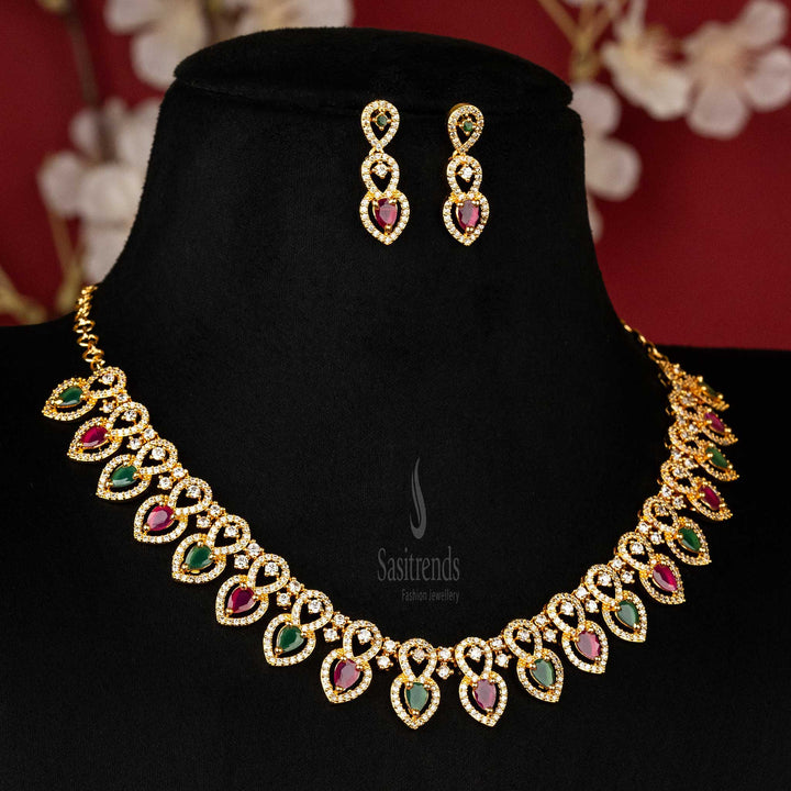 Elegant Micro Gold Plated American Diamond Multi-Color Teardrop Necklace Jewellery Set - Sasitrends