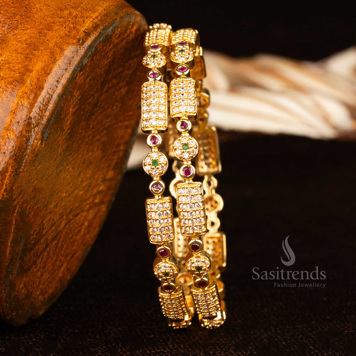 Traditional American Diamond Micro Gold Plated Designer Bangles with Round and Rectangular Shaped Elements – Sasitrends