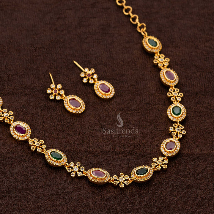 Guaranteed One Gram Micro Gold Plated American Diamond Floral Motif Necklace Jewellery Set - Sasitrends