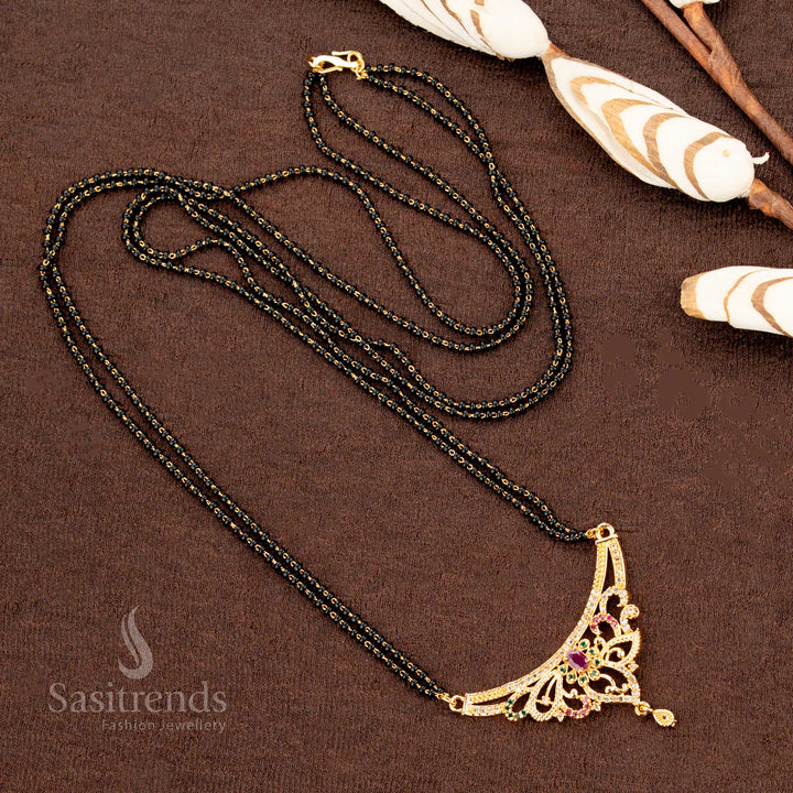 Grand micro gold plated Mangalsutra chain with black beads, beautifully adorned with American Diamonds, an ethnic jewellery statement piece - Sasitrends