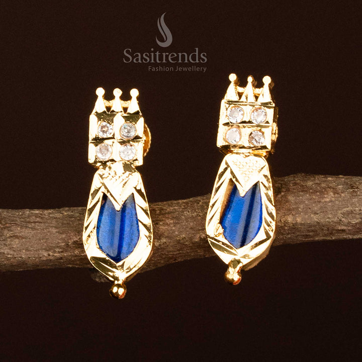 Classic temple-style Palakka earrings in deep blue with square-headed Nagapadam motifs, detailed with four brilliant AD stones – a traditional South Indian jewellery favourite from Sasitrends