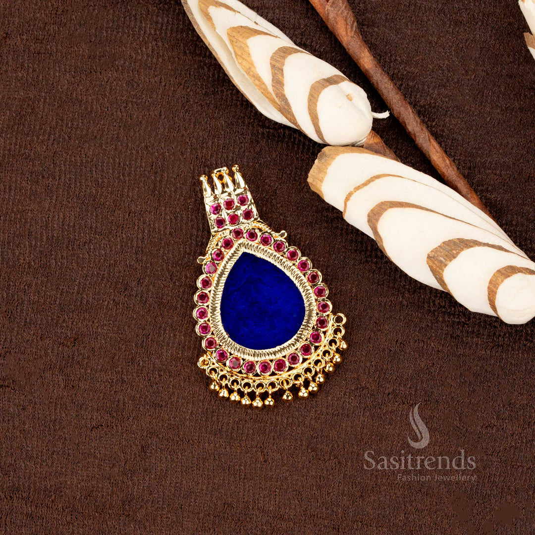 Handcrafted Kerala-style Blue Waterdrop Pendant, featuring AD stone detailing and 24-carat plating – Sasitrends