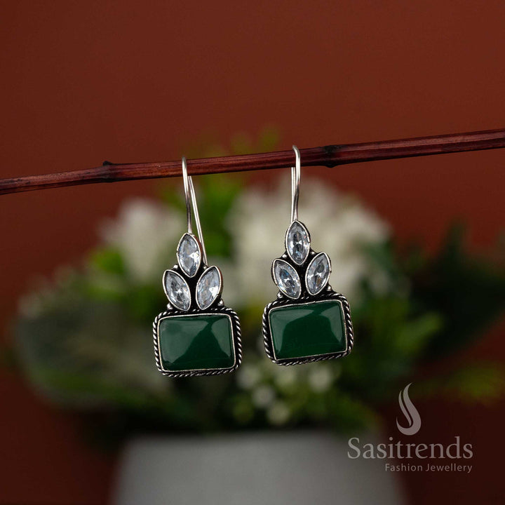 Latest vibrant green Monalisa stone earrings in oxidised finish for trending festive looks