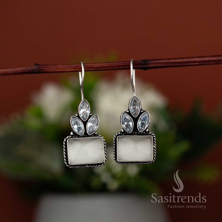 Latest Oxidised White Rectangle Monalisa And AD Stone Stud Fish Hook Earrings Sasitrends Online Shopping