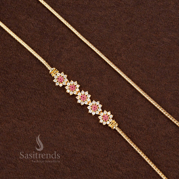 Handcrafted premium one-gram micro gold plated 5-flower peacock Mugappu chain with sparkling AD stones in white-ruby, designed for elegance and a timeless appeal - Sasitrends