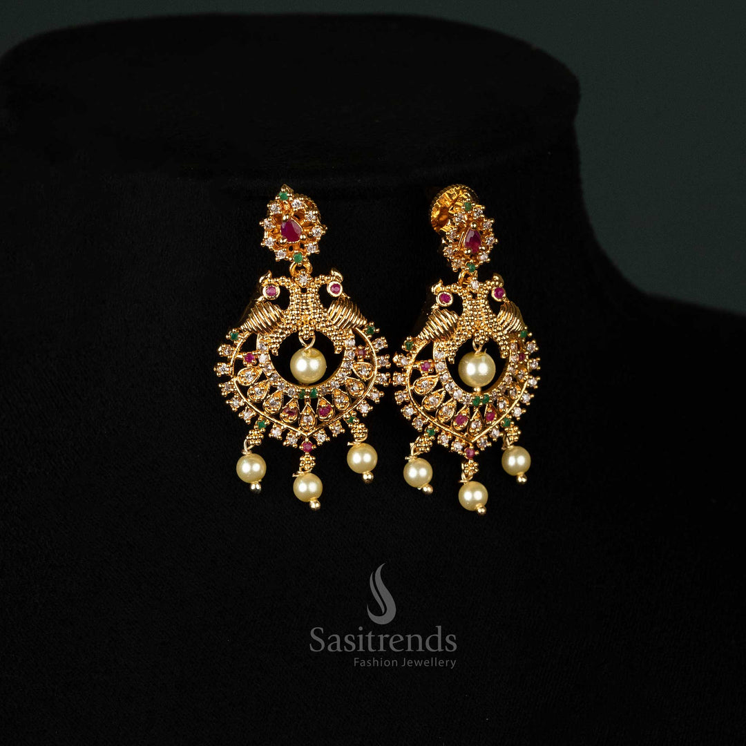 Traditional gold plated AD jewellery set featuring floral chain patterns, intricate pendant work, and pearl drops, look like real gold - Sasitrends
