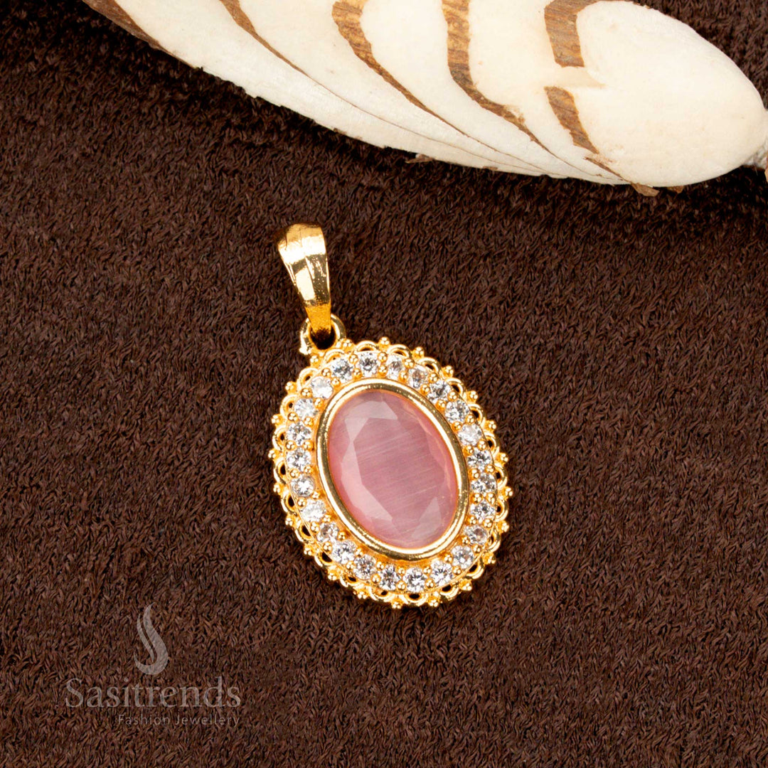 Pink Oval Stone Pendant Dollar in AD Setting with One Gram Micro Gold Layer – Traditional South Indian Jewellery with Delicate Charm - Sasitrends