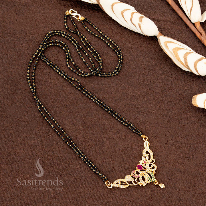 Stunning micro gold plated Mangalsutra chain with black beads, embellished with American Diamonds, creating a timeless ethnic jewellery piece - Sasitrends