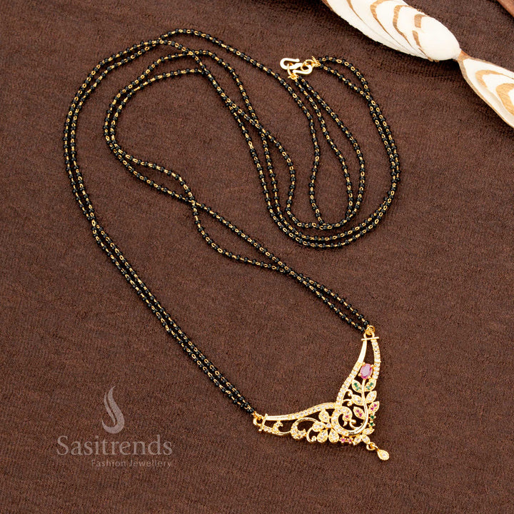 Exquisite micro gold plated Mangalsutra chain with black beads and an AD stone pendant, designed as a classic ethnic jewellery masterpiece for everyday elegance - Sasitrends
