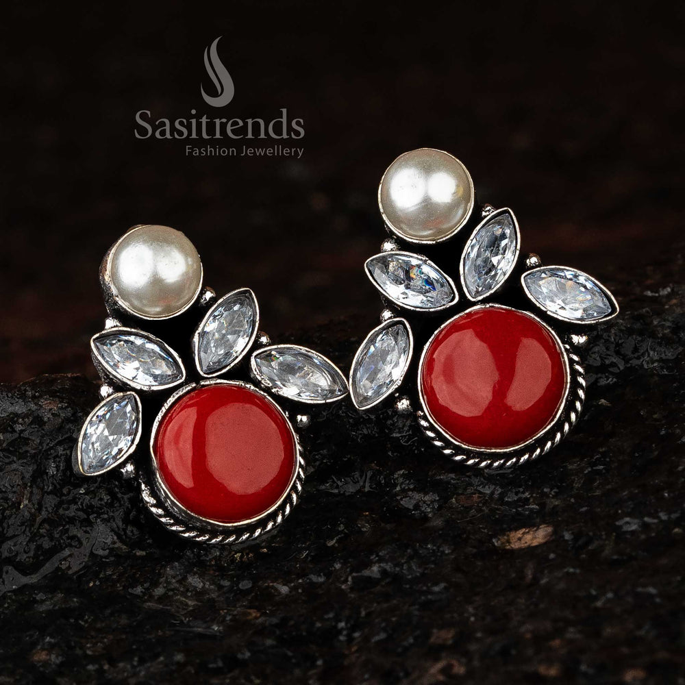 Red Monalisa Stone Oxidised Earrings, Elegant Jewellery for Navarathiri