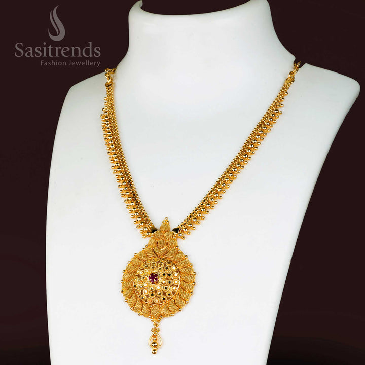 Magnificent Micro Gold Plated Floral Pendant Necklace for Traditional Wear, featuring radiant Ruby Stones, exuding a majestic and classic heritage jewellery style - Sasitrends