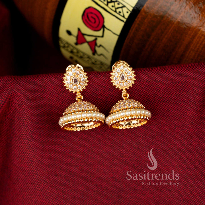 Micro Gold Plated American Diamond Teardrop & Pearl Dome Jhumka Earrings – Real Gold Look