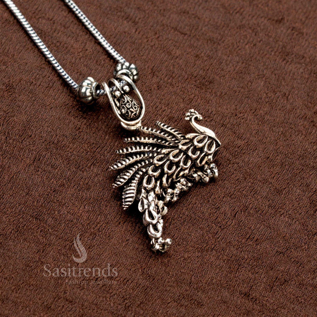 Display view of Oxidised Peacock Pendant with Earrings Chain Set – Traditional ethnic jewellery by Sasitrends