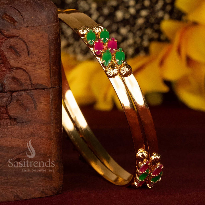Amazing Micro Gold Plated Flat Traditional Bangles with Compact Stone and Floral Detailing – One Gram Guaranteed Festive Wear - Sasitrends