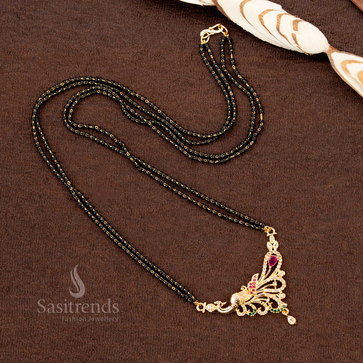 Charming black beads Mangalsutra with a micro gold plated chain and an elegant AD stone, designed as a refined American Diamond jewellery piece - Sasitrends