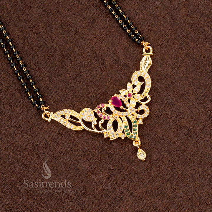 Intricate black beads Mangalsutra with a micro gold plated chain and an AD pendant, perfect for traditional wedding jewellery collections - Sasitrends