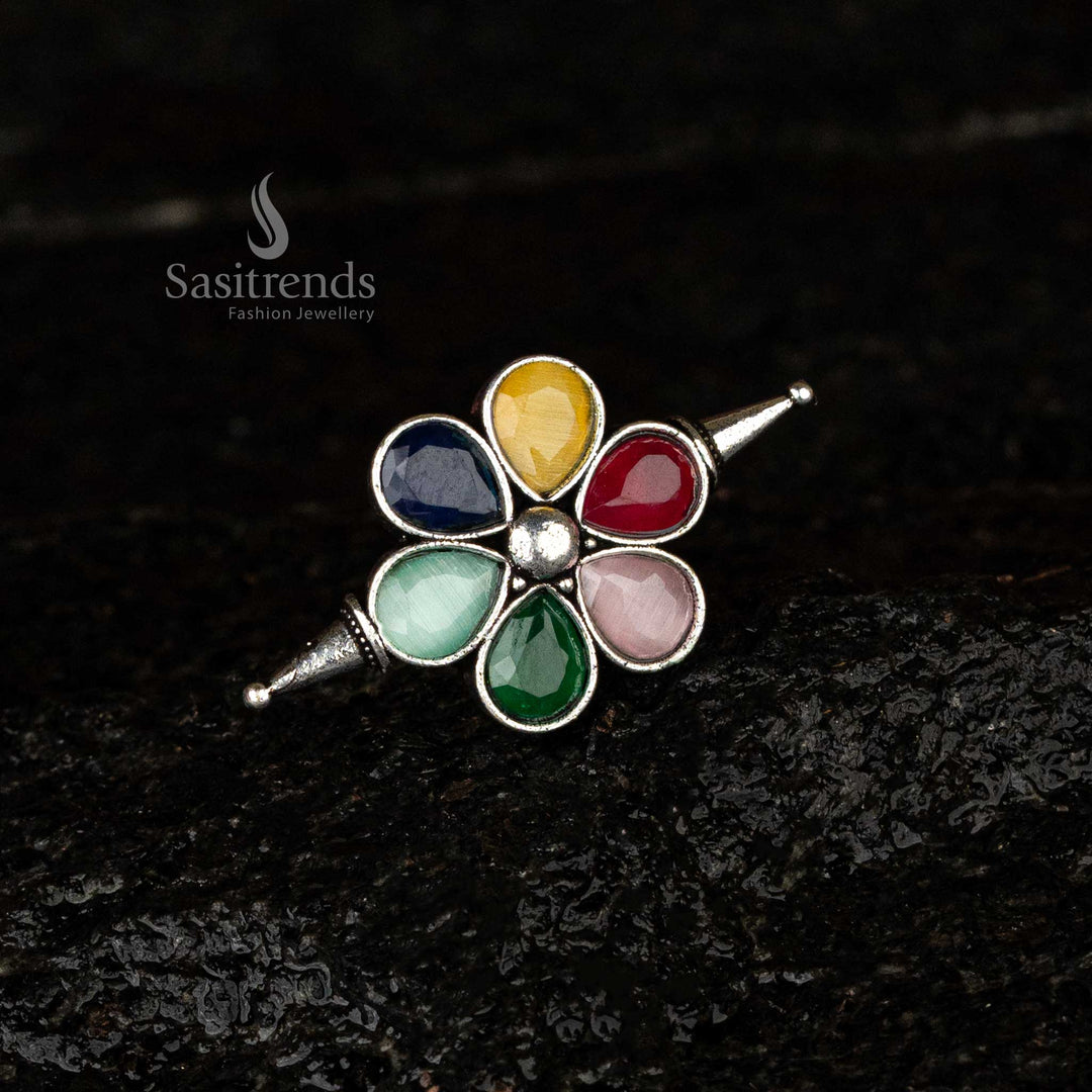 Oxidised floral adjustable ring with multi coloured navaratna stones and ghungroo design - Sasitrends