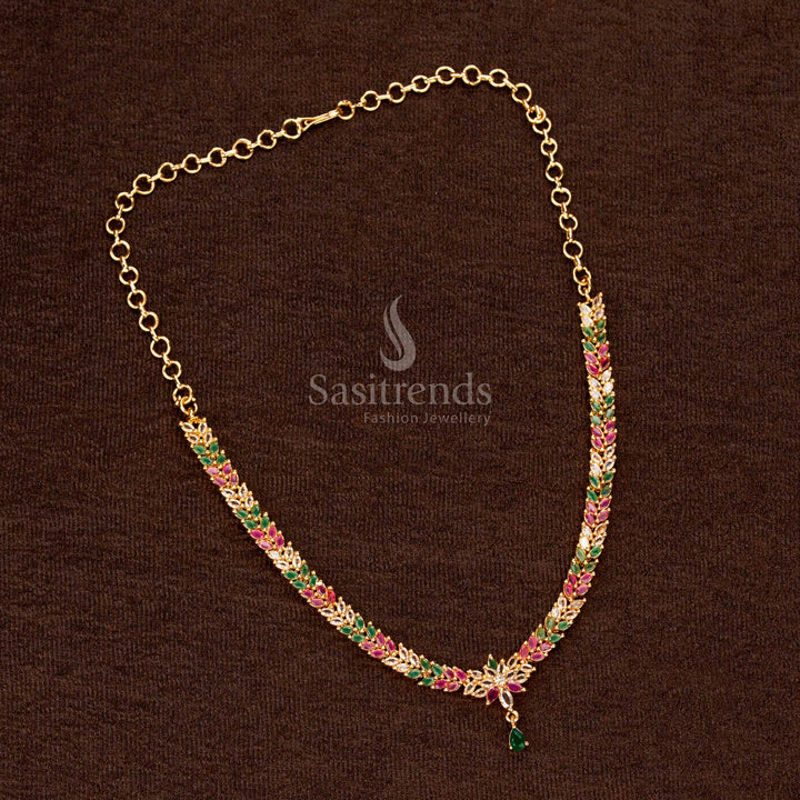 Temple Wear Micro Gold Plated AD Stone Leaf Cluster Necklace Set, Marquise Stone Structured Chain, Teardrop Pendant, Authentic Traditional Jewellery – Sasitrends