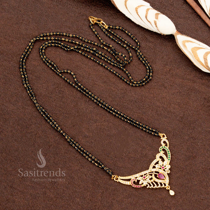 Gorgeous micro gold plated Mangalsutra with black beads, highlighted by an American Diamond pendant, an ideal luxury jewellery selection - Sasitrends