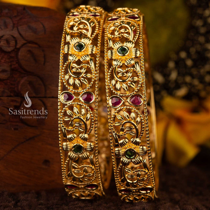 Guaranteed Floral AD Stone Micro Gold Plated Temple Bangles with Ruby and Green Stones - Sasitrends