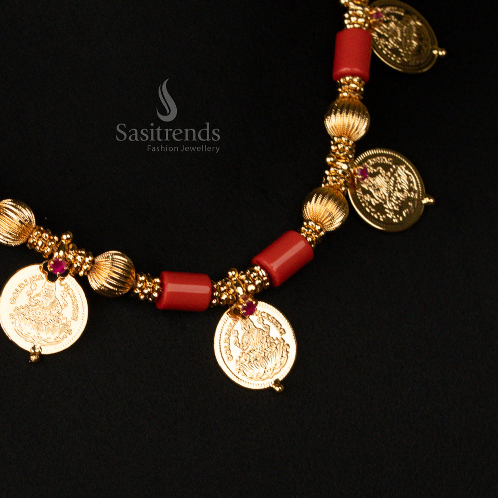Temple Jewellery Lakshmi Coin Necklace with Coral Beads and Gold Balls - Sasitrends