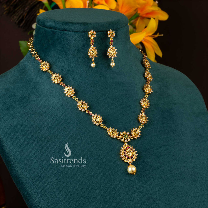 Sasitrends - Traditional Swan Motif Multi Color American Diamond Micro Gold Plated Necklace Jewellery Set