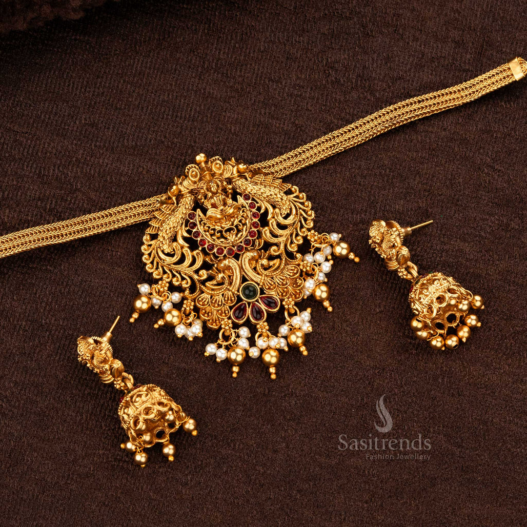 Classic Matte Gold  Divine Temple Lakshmi & Peacock Pendant Choker With Jhumka Necklace Jewellery Set - Sasitrends
