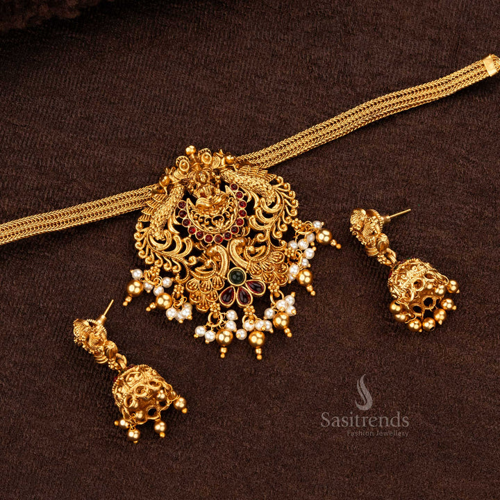 Classic Matte Gold  Divine Temple Lakshmi & Peacock Pendant Choker With Jhumka Necklace Jewellery Set - Sasitrends