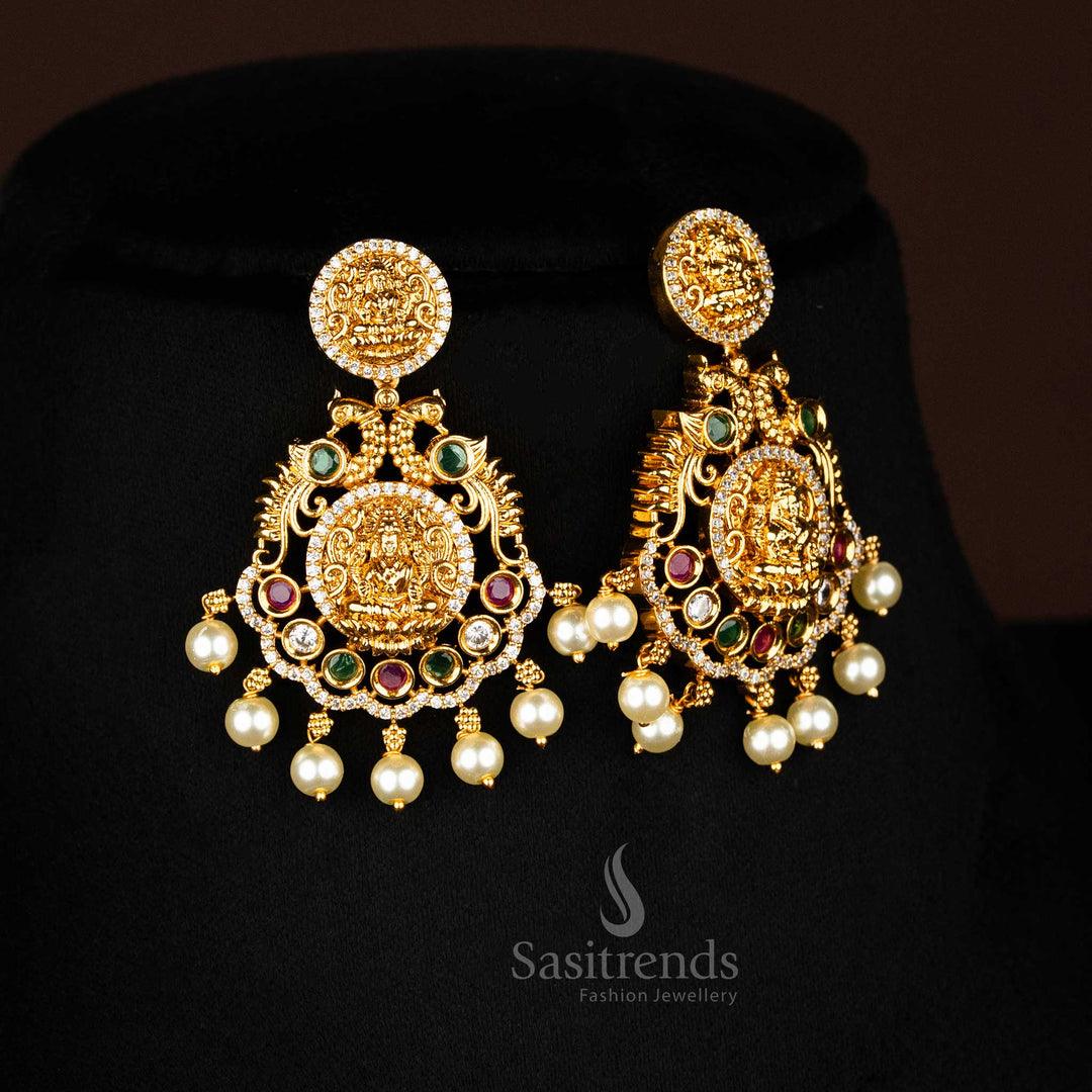 Matte Gold Lakshmi Pendant Earrings Set with Pearls – Sasitrends