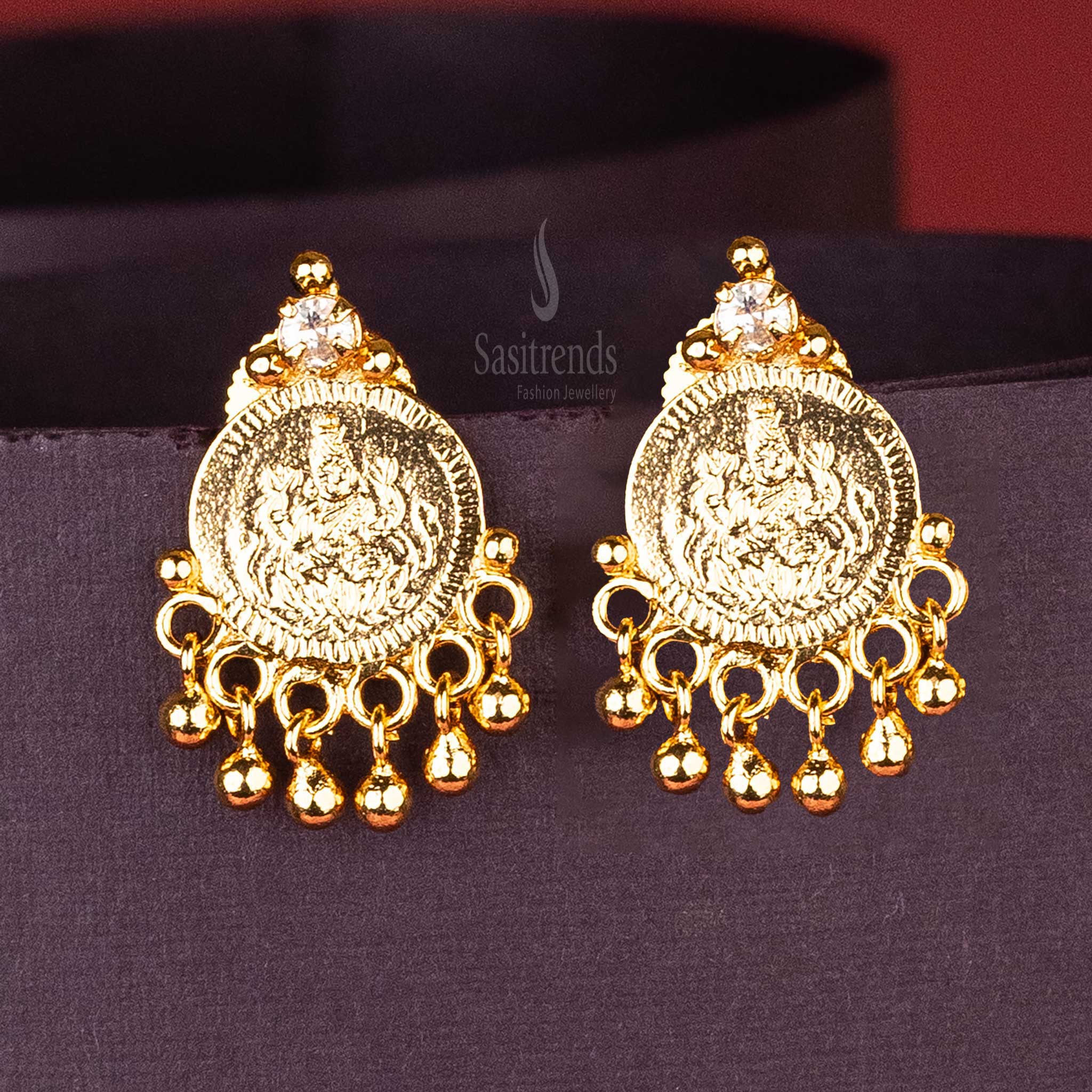 Traditional Lakshmi Coin Design Micro Gold Plated Kerala Style Earrings with AD Stone Sasitrends