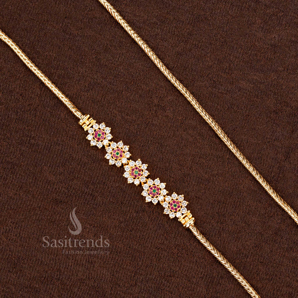Royal multi-shade one-gram micro gold plated 5-flower Peacock Mugappu chain with sparkling AD stones, a classic and luxurious jewellery piece for special occasions