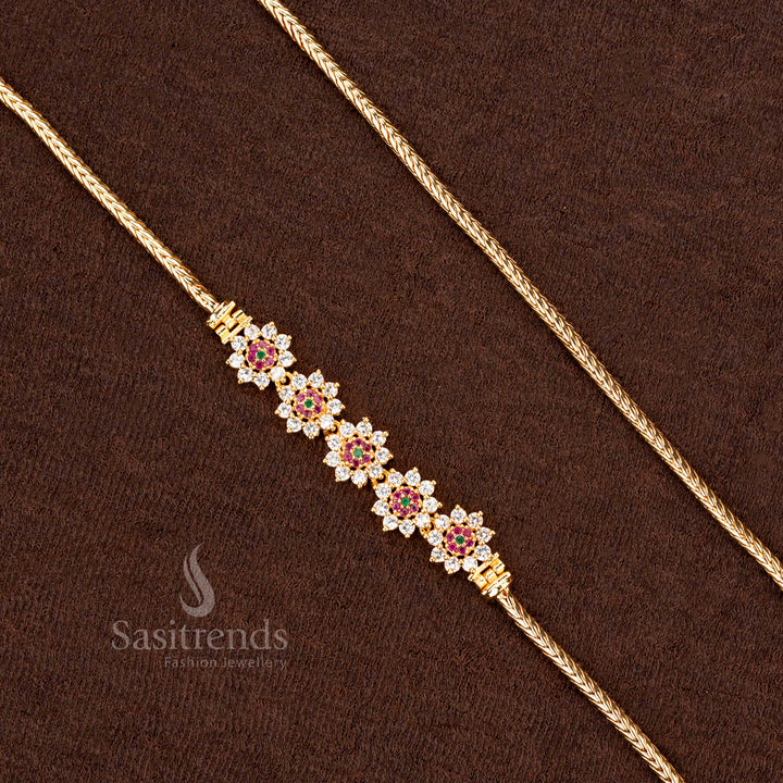 Royal multi-shade one-gram micro gold plated 5-flower Peacock Mugappu chain with sparkling AD stones, a classic and luxurious jewellery piece for special occasions
