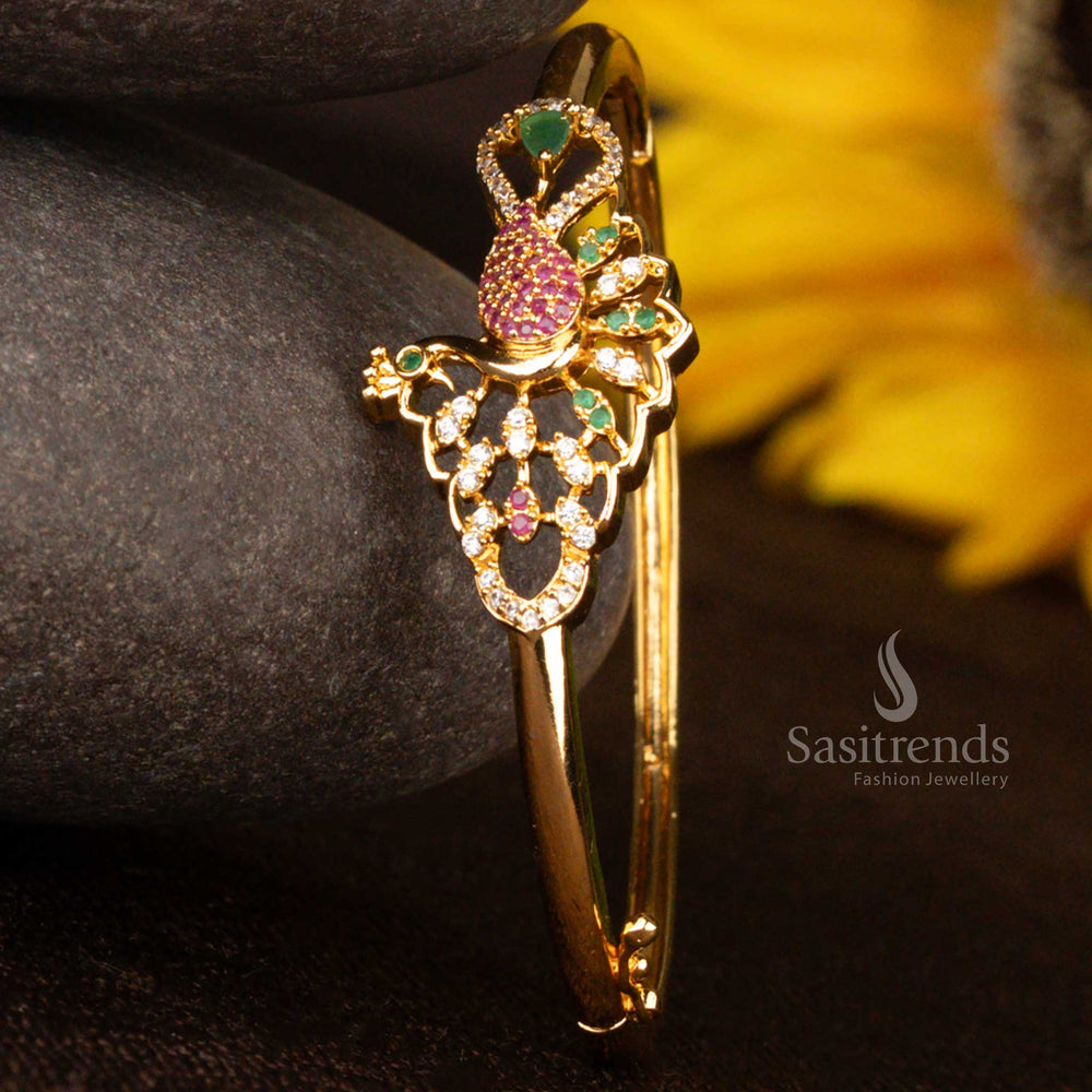 Majestic peacock-inspired openable bracelet with multi-stone American Diamonds and rich micro gold plating – A trendy traditional jewellery design radiating royal charm and ethnic vibrancy – Sasitrends
