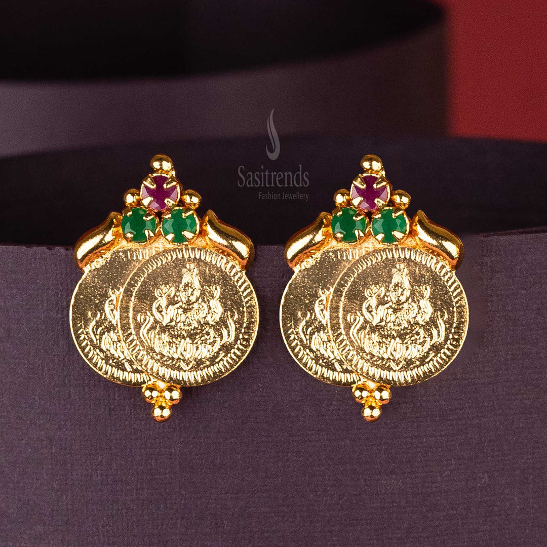 Vibrant Ruby Green-Color Double Lakshmi Coin Earrings with AD Stones and Decorative Gold Balls