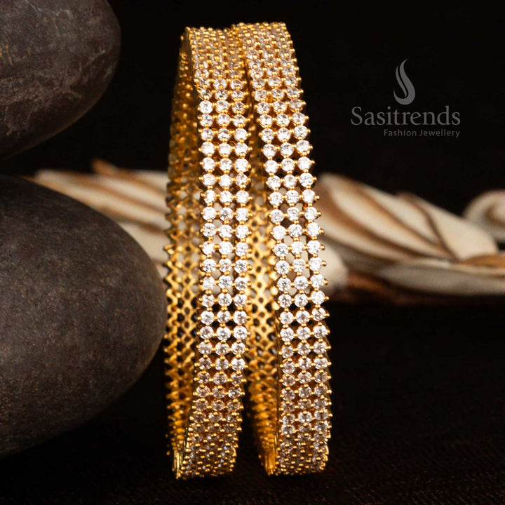 Three-line American Diamond white sparkle bangle set with 1-year guaranteed micro gold plating and radiant diamond shine finish – a graceful touch of elegance from sasitrends traditional AD jewellery collection