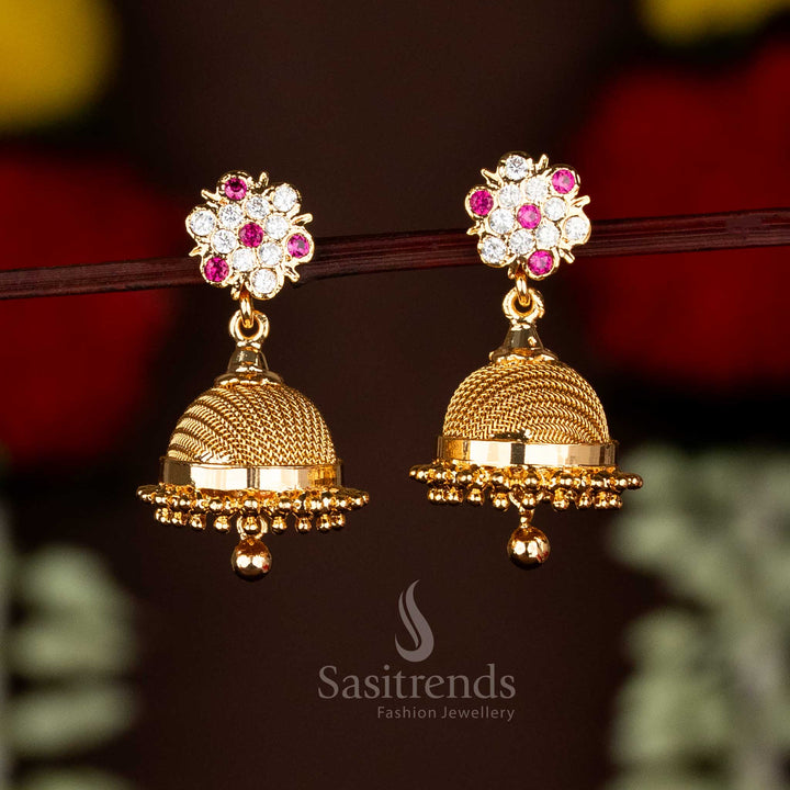 Exquisite Impon Micro Gold Plated Addigai Floral With Dome & Bead Jhumka Earrings – Perfect For Festive Wear