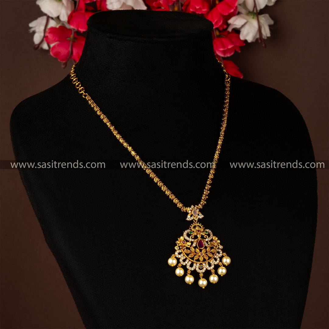 Temple Wear Premium Matt Gold Plated Floral Pendant Chain Pearl and AD Stones